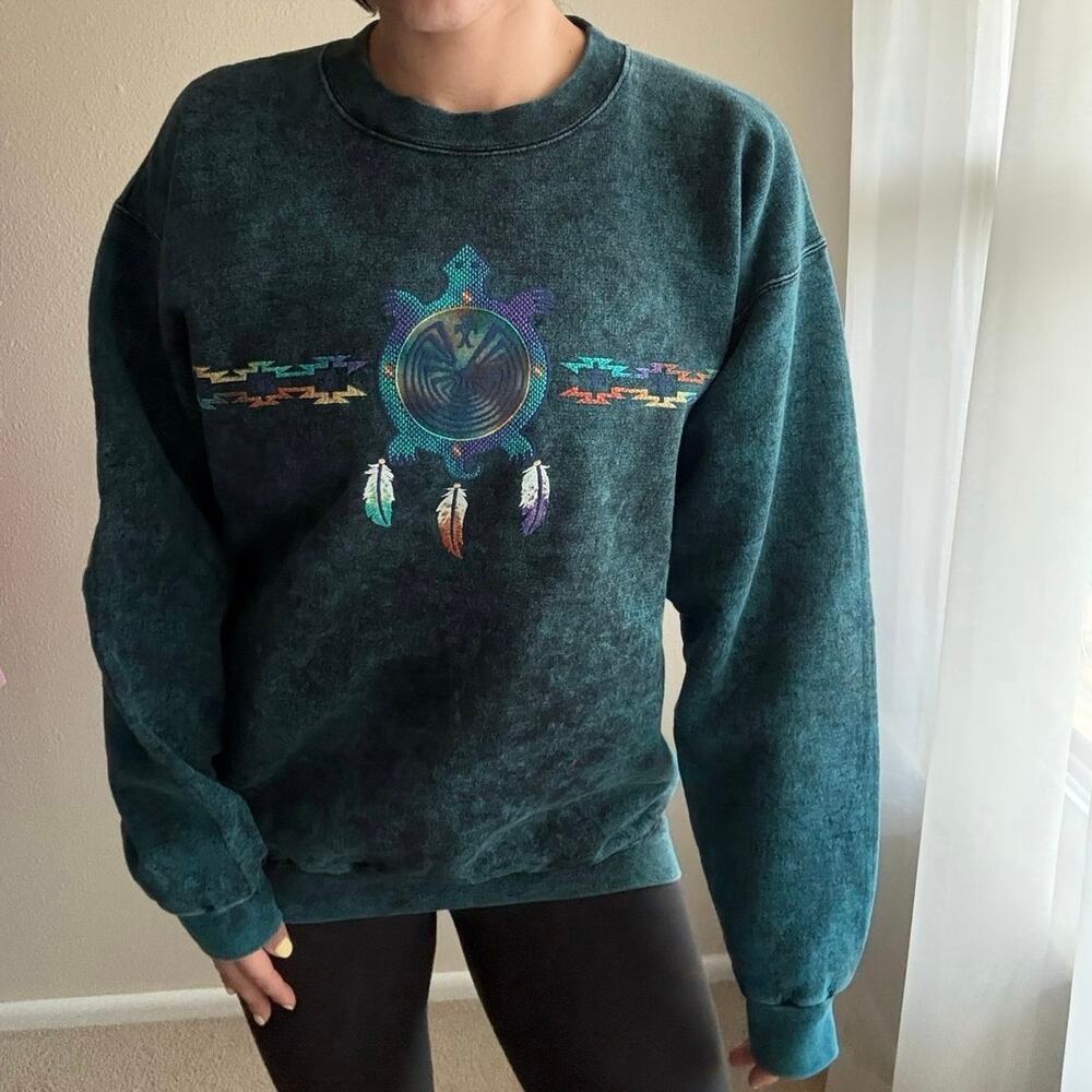 Vintage 90s Hanes Southwestern Turquoise Crew Sweatshirt gorpcore western cowboy